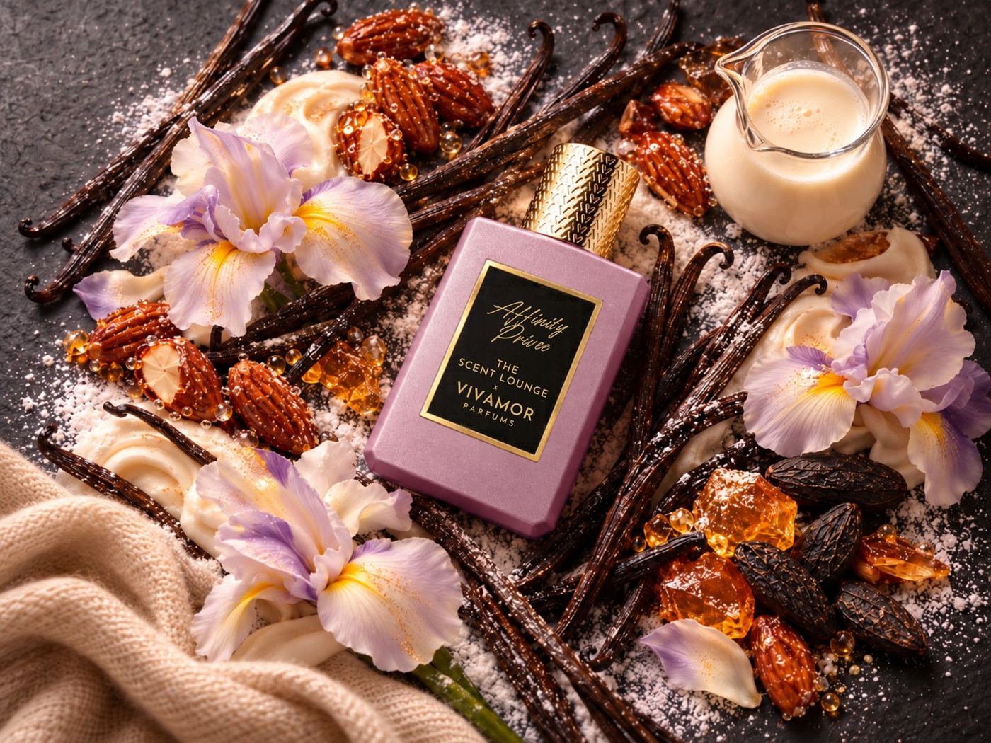 Affinity Privée by The Scent Lounge × Vivamor Parfums, surrounded by vanilla pods, iris, almonds and amber